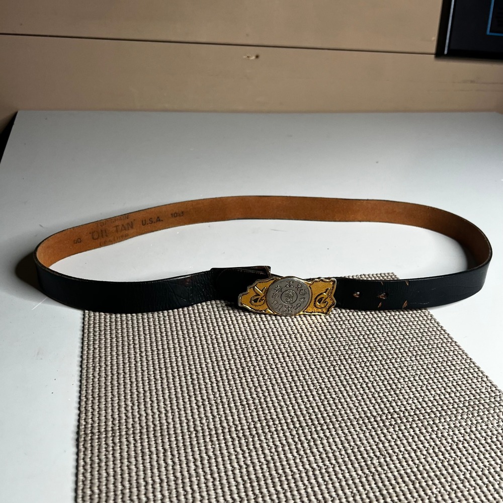 Vintage Oil Tan Leather Belt Mens 40 Black USA Two‎ Tone Zodiac Celestial Buckle